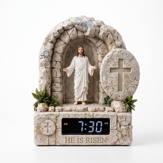 Jesus Alarm Clock - He Is Risen - ultra realistic studio product shot