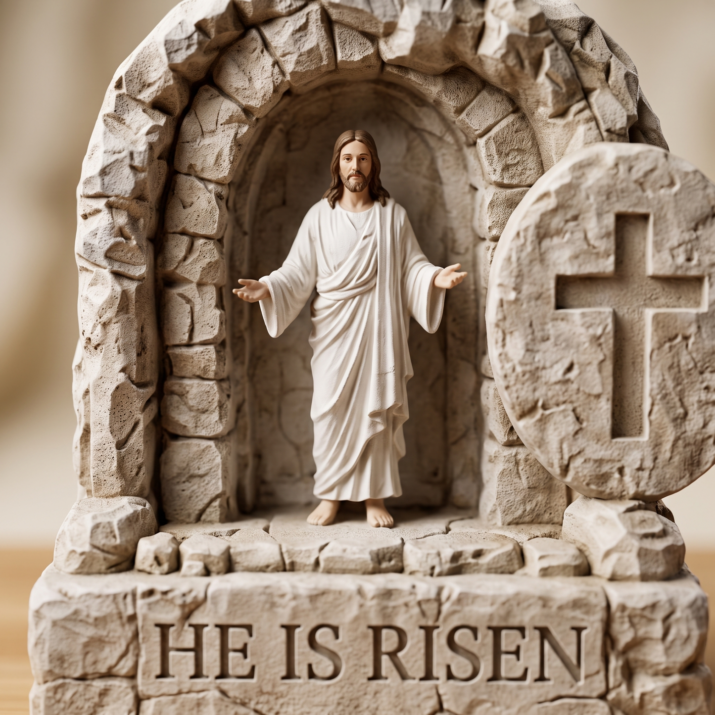 Jesus Alarm Clock macro detail of sculpted figure and He Is Risen engraving