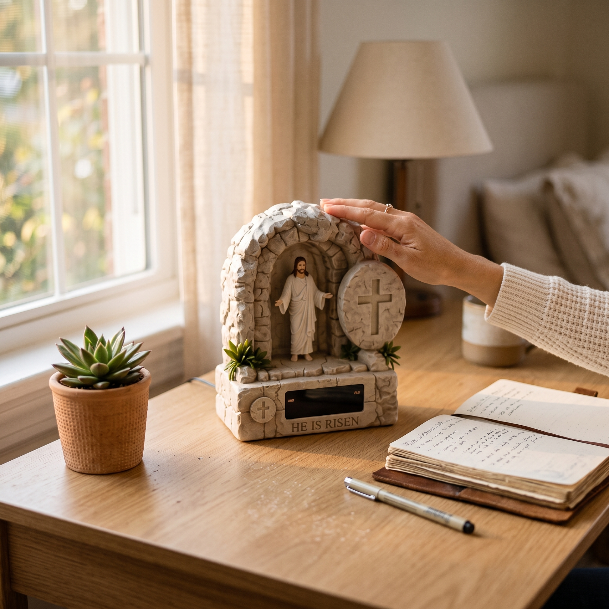Jesus Alarm Clock on desk with hand touching it